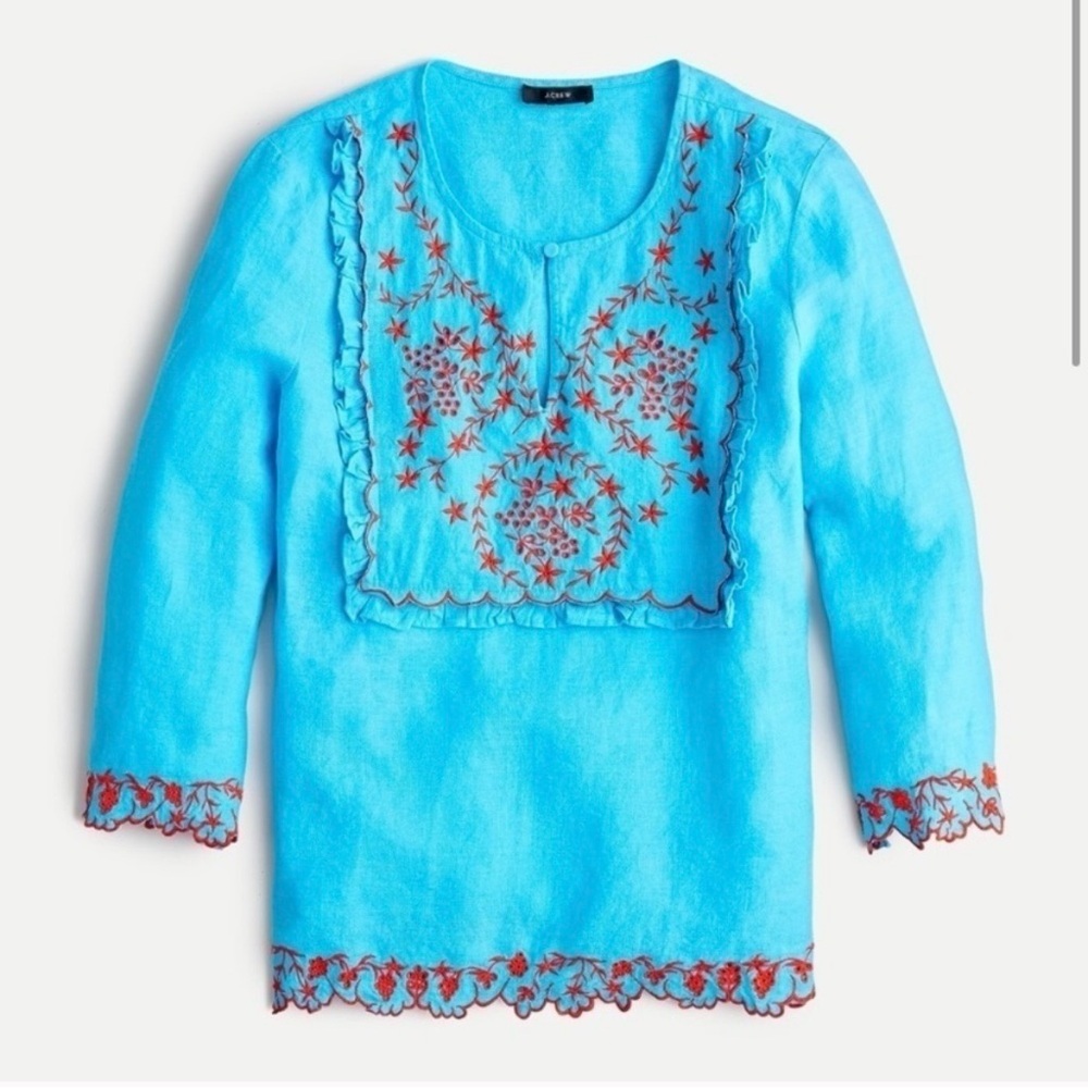 J.Crew Embroidered Linen Blouse Turquoise Floral Boho Coastal Grandmother